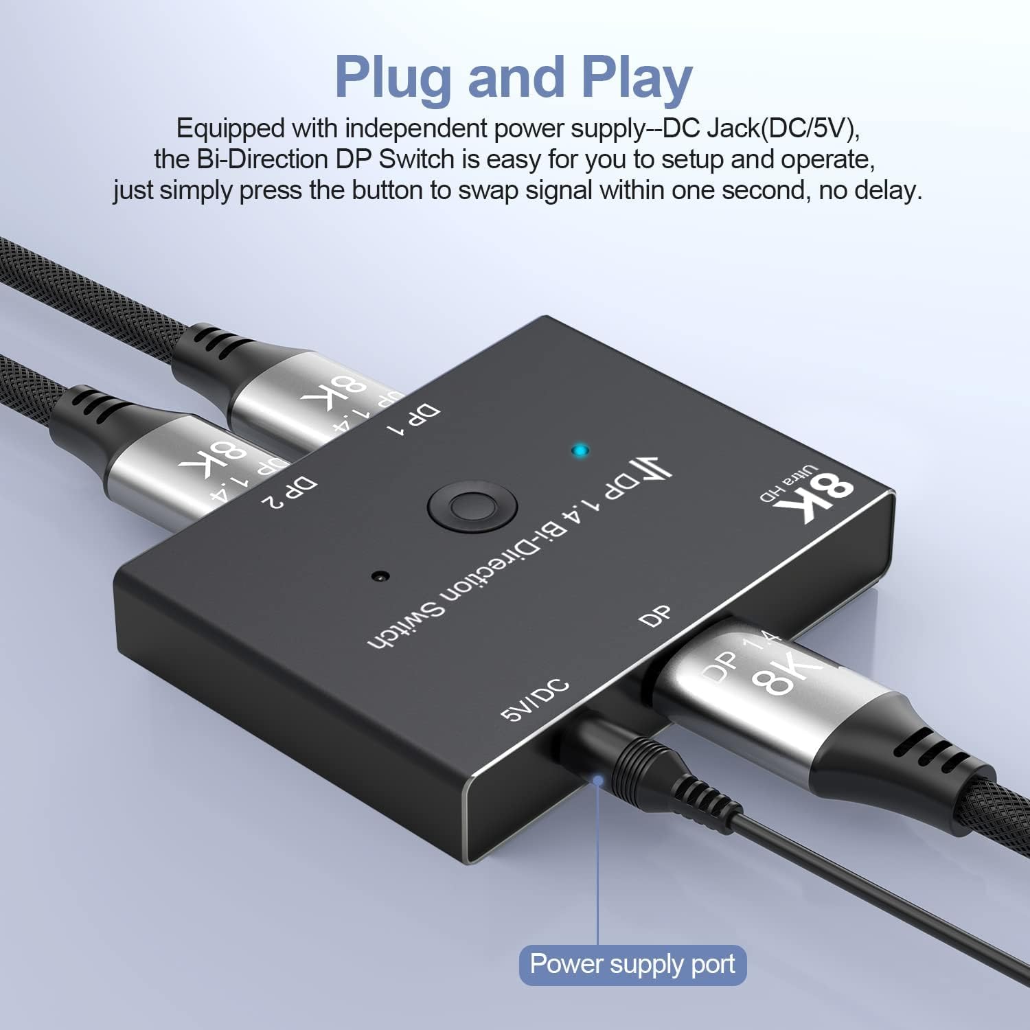 DisplayPort Switch 8K Bidirectional Splitter 2 in 1 Out/1 in 2 Out DP 1.4 Switcher Supports 8K@30Hz, 4K@120Hz, 4K@60Hz for 2 Computers 1 Monitor ConnBull®