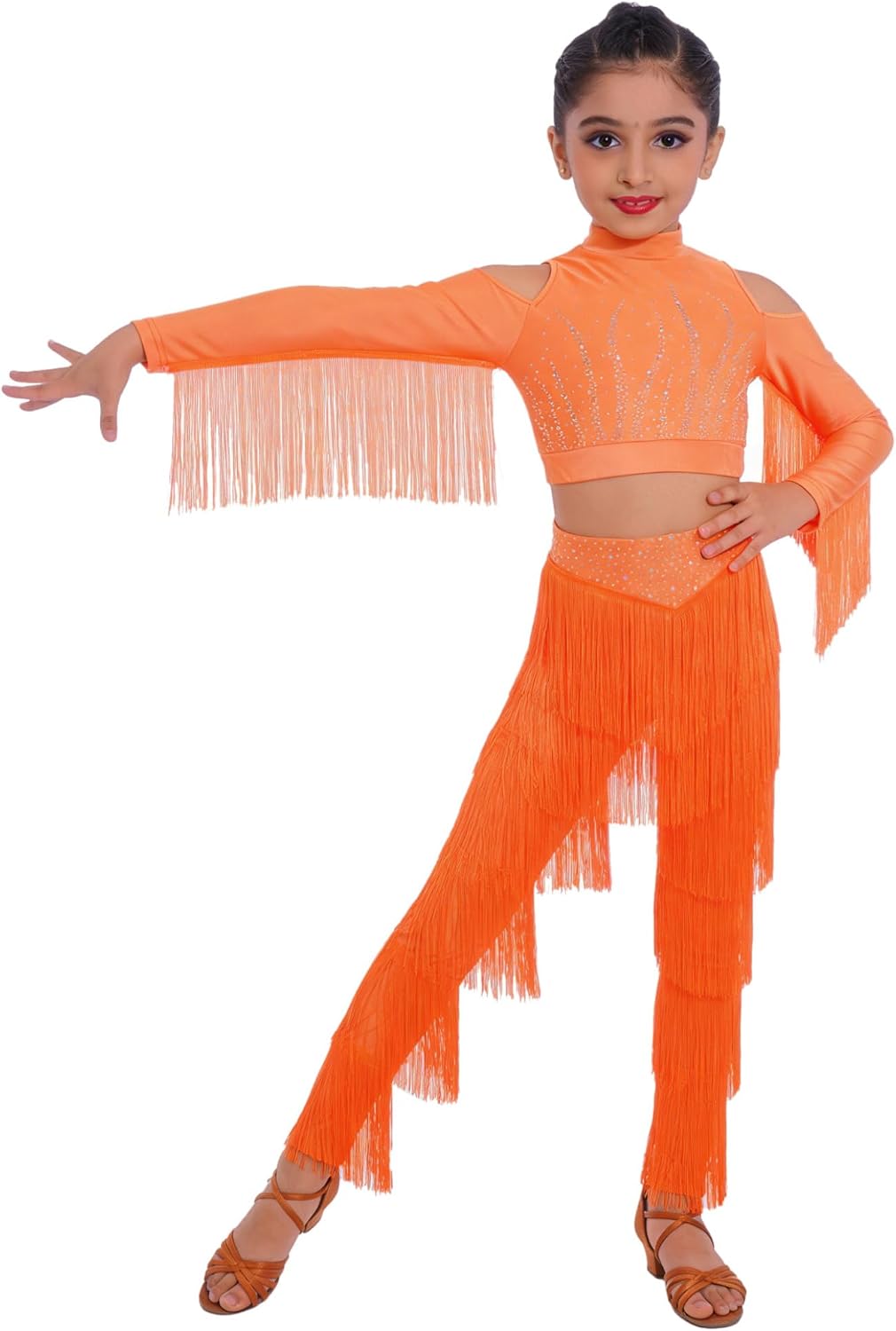 Shinsto Kids Girls 2 Piece Latin Ballroom Dance Outfits Tassel Crop Tops with Fringe Pants Set Dancewear Fluorescent Orange 16 Years