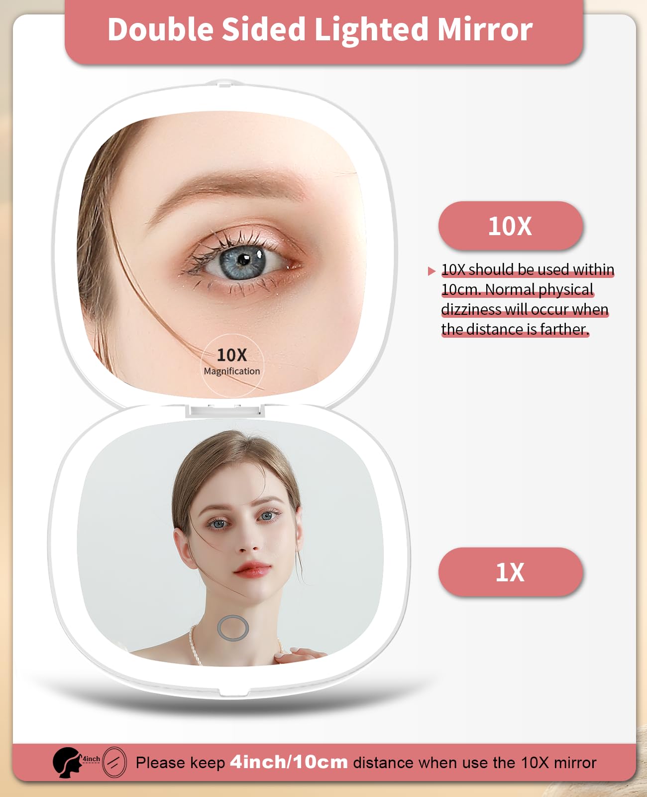 WOBSION Travel Mirror with Light for Makeup 1x/10x Magnifying Compact Mirror for Handbag 10cm Rechargeable Pocket Mirrors - Image 2