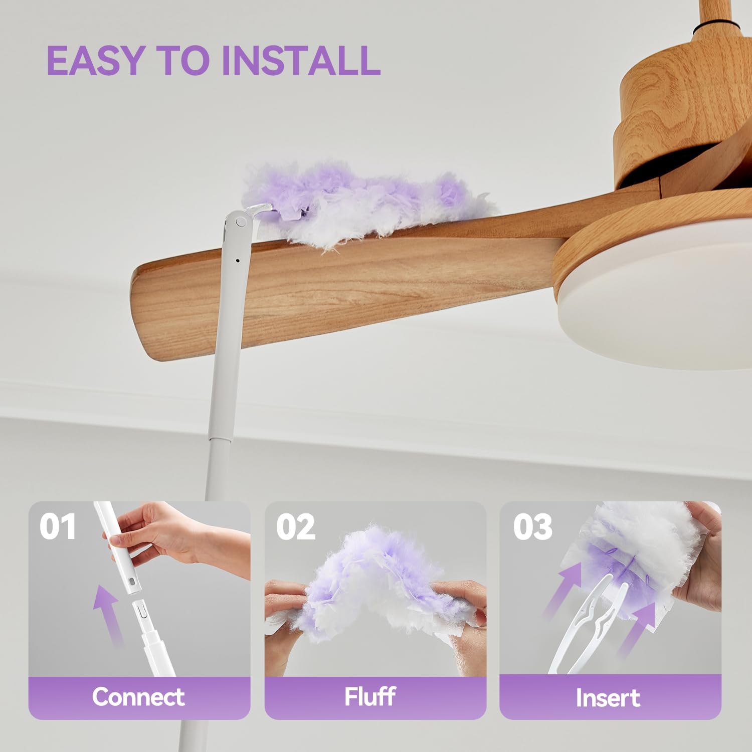 Duster Long Handle Kit with 3 ft Extendable Pole, 30 Disposable Refills, Heavy Duty Microfiber Feather Duster for Cleaning Ceiling Fans, Vents, Blinds, Pet Hair and Furniture