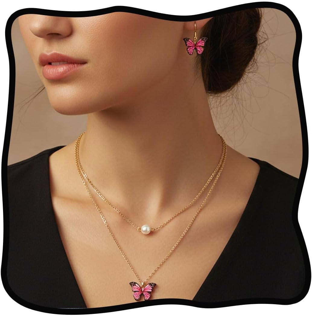 Urieo Butterfly Necklaces for Women, Pink Choker Necklace and Earrings Set, Pearl Charms Layered Necklace