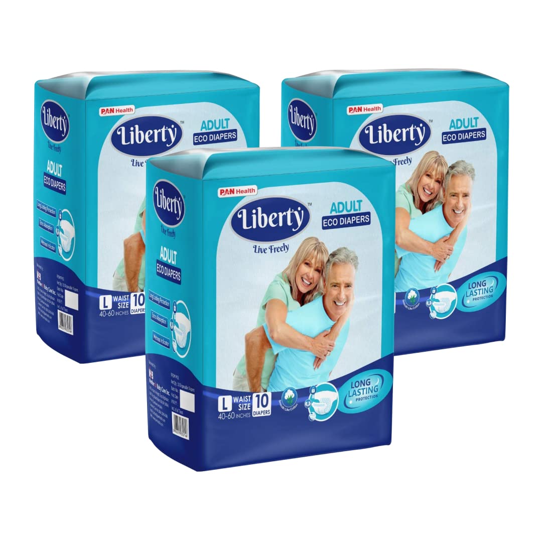 Liberty Popular Adult Diapers, Tape Style, Large (L) Size, 30 Count, Waist Size (101-152cm | 40-60 inches), Unisex, High Absorbency, Leak Proof, Wetness Indicator, Pack of 3, 10 Count/Pack