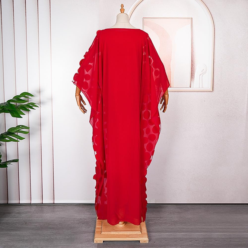 HD Afircan Women Applique Flower Dress Boat Neck Caftan Chiffon Gown One Size - Image 5