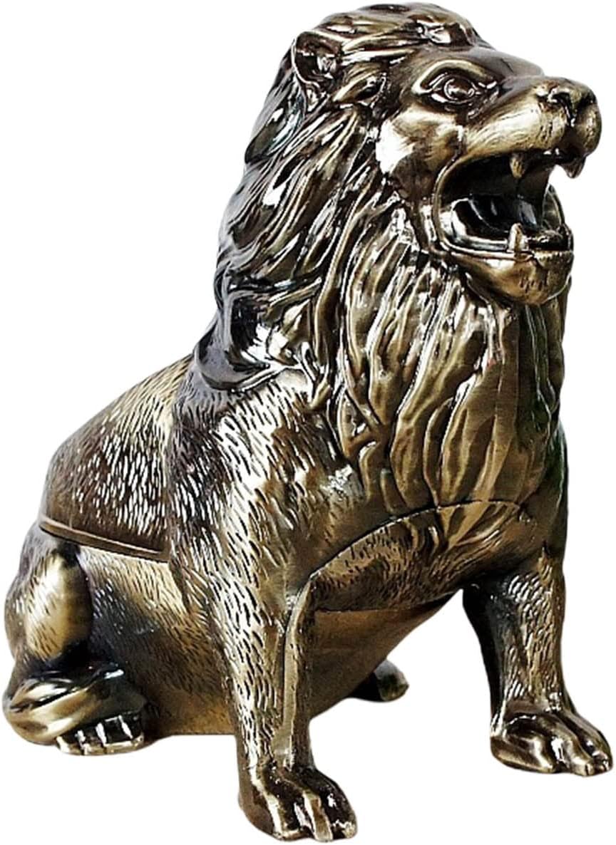 Vintage Lion Ashtray, Vintage Lion Ashtray with Lid Tabletop Metal Ashtray Smell-Proof Ashtray Cigarette Ash Holder for Home Office Desk Decor, Bronze