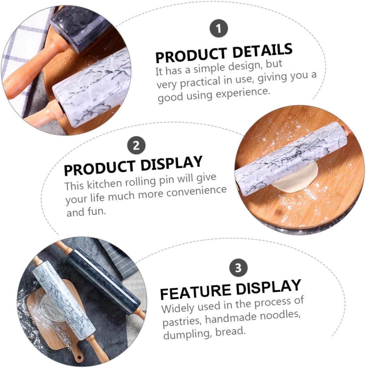 Natural Marble Rolling Pin with Wooden Handles Nonstick Dough Roller Pastry Stick for Baking Kitchen Tool Eco-friendly Gray Marble Design