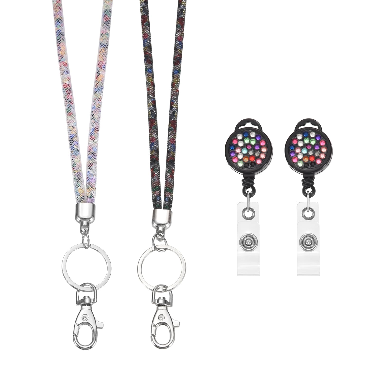 PATIKIL Rhinestones Lanyard for Women, 2 Pcs Sparkly Neck Lanyard Bling Keychain ID Holder with Retractable Badge Reel and Keyring for Work Name Card, Black Multicolor/White Multicolor