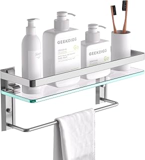 GeekDigg Glass Floating Bathroom Shelf with Towel Bar, Tempered Glass Glass Shelves for Bathroom, Wall Mounted Glass Shower Rack 15.2 by 4.5 Inches - Bathroom Organizer Bathroom Accessories