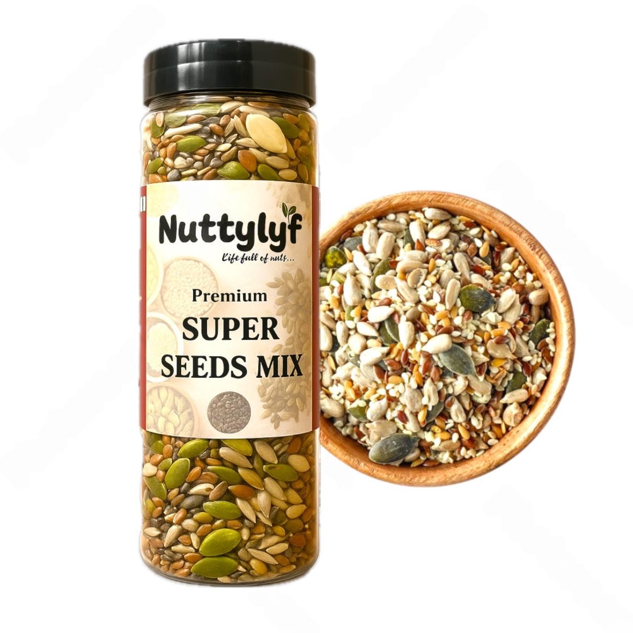 Nuttylyf 100% Natural Crunchy Seeds 5 in 1 Super Seeds Mix For Eating Chia, Pumpkin, flax, sunflower, Cranberry, Watermelon seeds High protein Roasted Diet snacks 200gm (Pack of 1) Reusable Jar 2