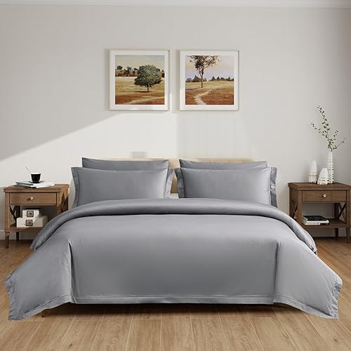 ACCURATEX Juego de funda de edredón tamaño Queen, color gris, 400 hilos de algodón de fibra larga de tejido satinado, funda de edredón de percal de