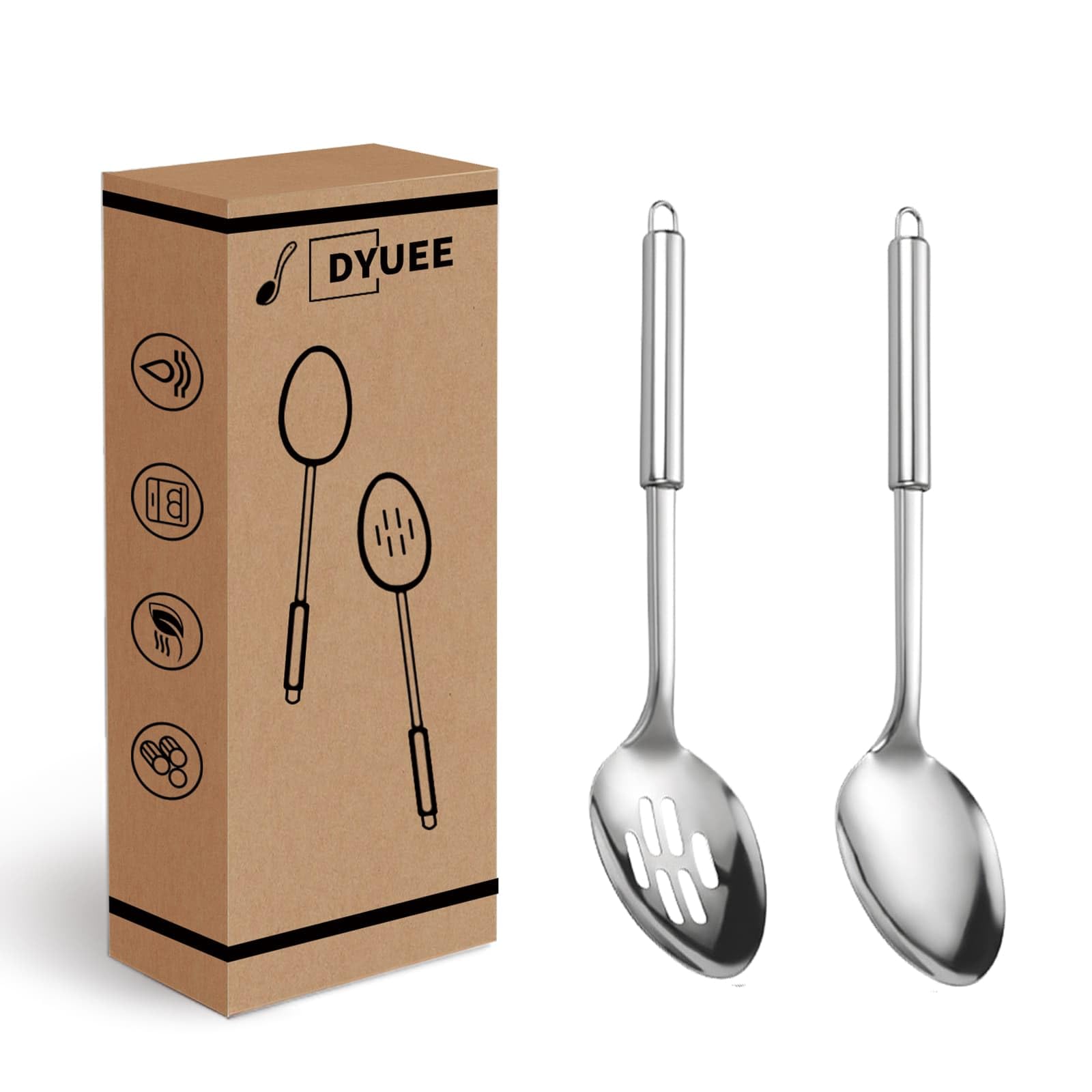 2 Pack Stainless Steel Cooking Spoon Set, Round Heat Resistant Handle Large Cooking Spoon Stainless Steel Kitchen Utensils Set for Frying, Mixing, Serving, Draining, Turning and Stirring