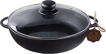 Texas Element Maysternya T102C3 Cast Iron Kadhai with Glass Cover (Black, 24 cm)