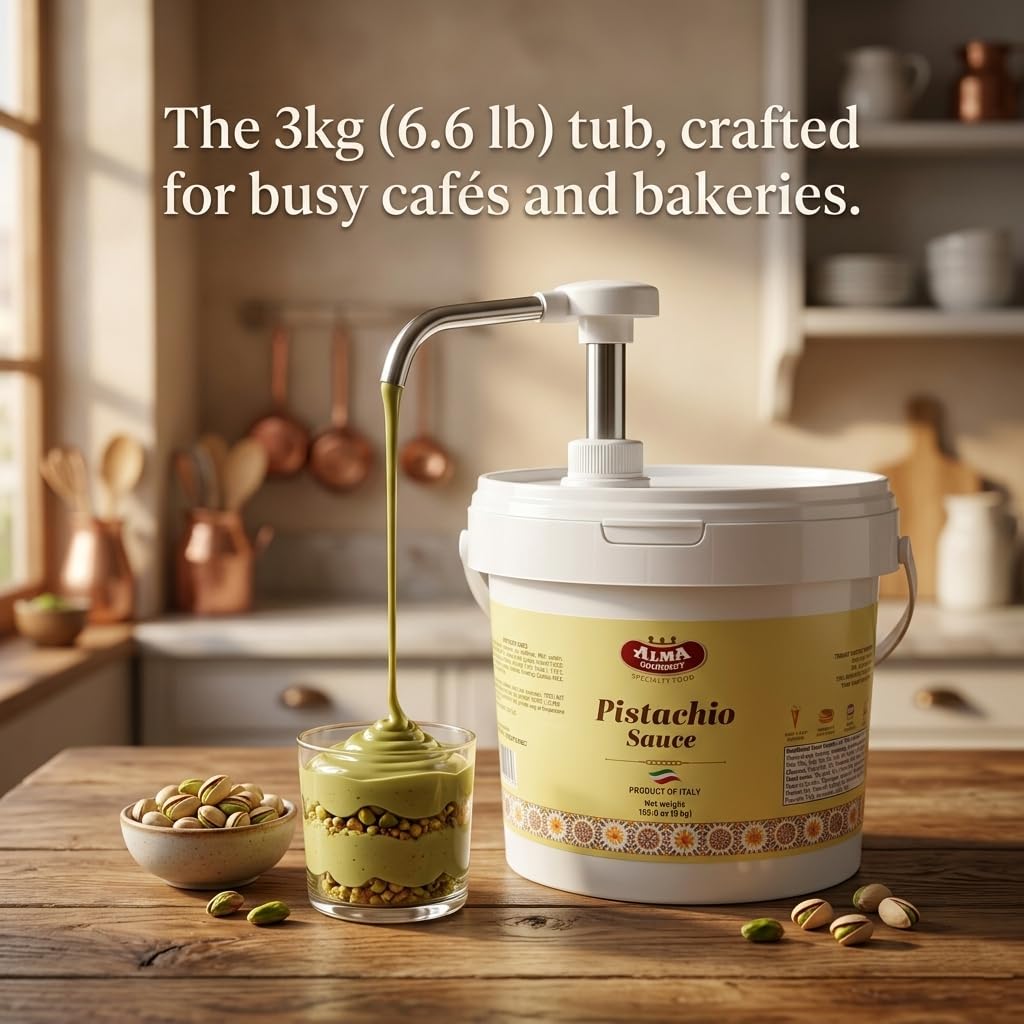 Alma Gourmet Sicilian Pistachio Sauce – 3kg (6.6 lb) Bulk Tub – Pistachio Dessert Topping & Drizzle for Coffee, Ice Cream, Pastries & Dubai Chocolate – Food Service for Cafés & Bakeries