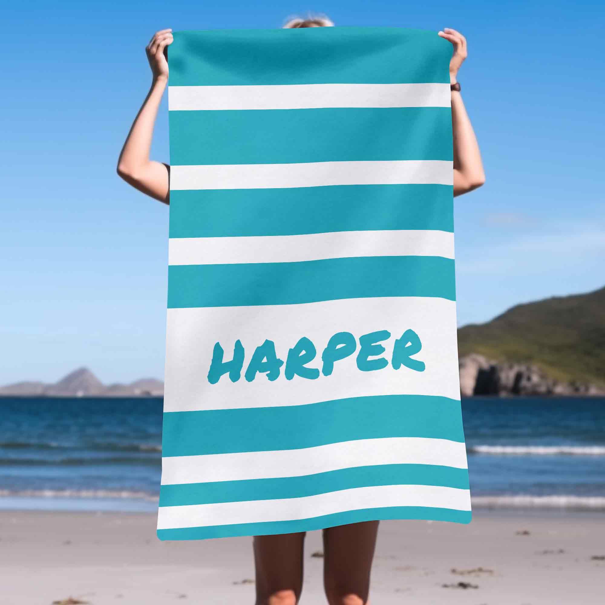 Print Maniacs Custom Personalised Name Beach Towel Microfibre Quick Dry Large Lightweight Travel Towel Stripe Sand Free Holiday Pool Gym Spa Towels for Adults Kids