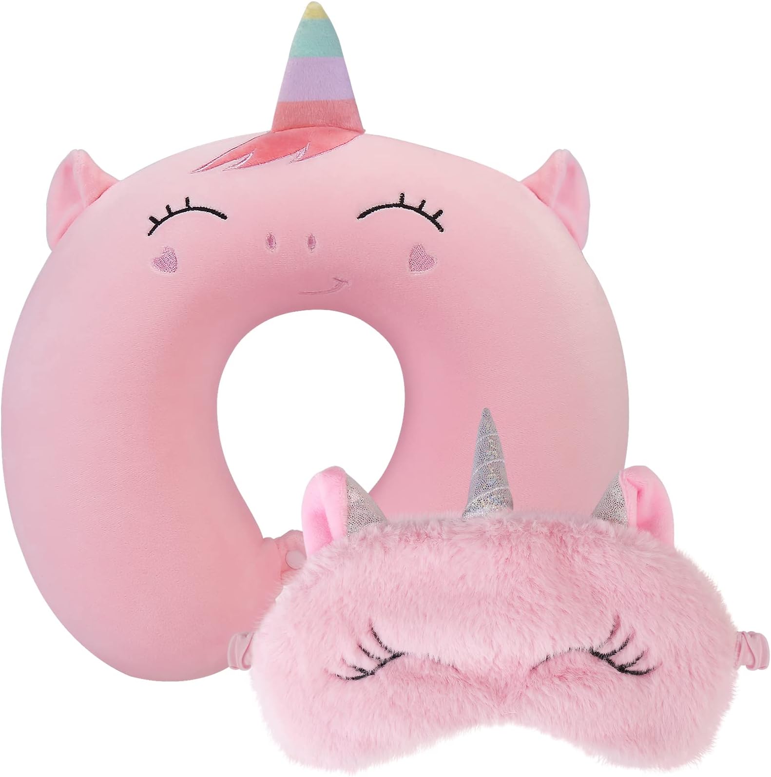 Kids Travel Pillow,Unicorn Toddler Neck Pillow for Kids Traveling with Eye Mask,Cute Airplane Travel Essentials,Cartoon U-Shape Memory Foam Car Flight Head Support Pillow for Sleeping,Women Girl Gift