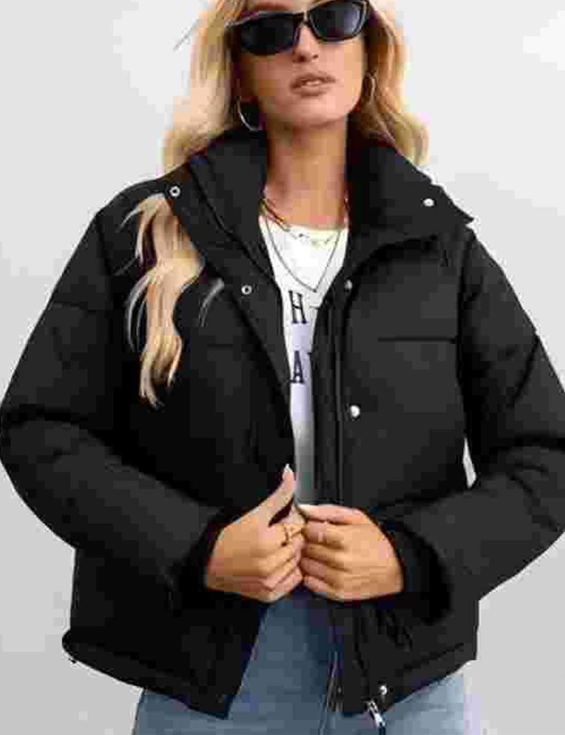 hathne Women's Cropped Puffer Jacket Winter Warm Puffy Quilted Lightweight Jackets Coats - Image 2