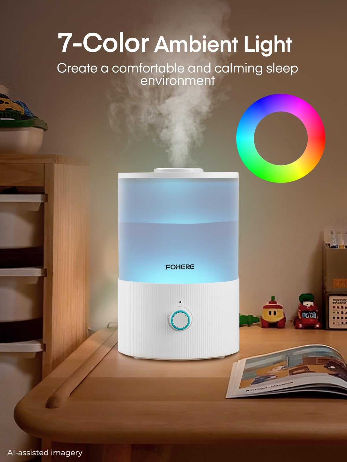 FOHERE Humidificateurs pour la chambre à coucher, humidificateur ultrasonique à remplissage par le haut de 3.2L à brume froide pour les chambres de bébé et les plantes, Blanc