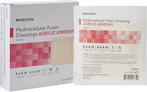 McKesson Apósitos de espuma hidrocelular, estéril, adhesivo acrílico, dimensión 6 x 6 pulgadas, almohadilla de 4 x 4 pulgadas, 10 unidades, 1 paquete
