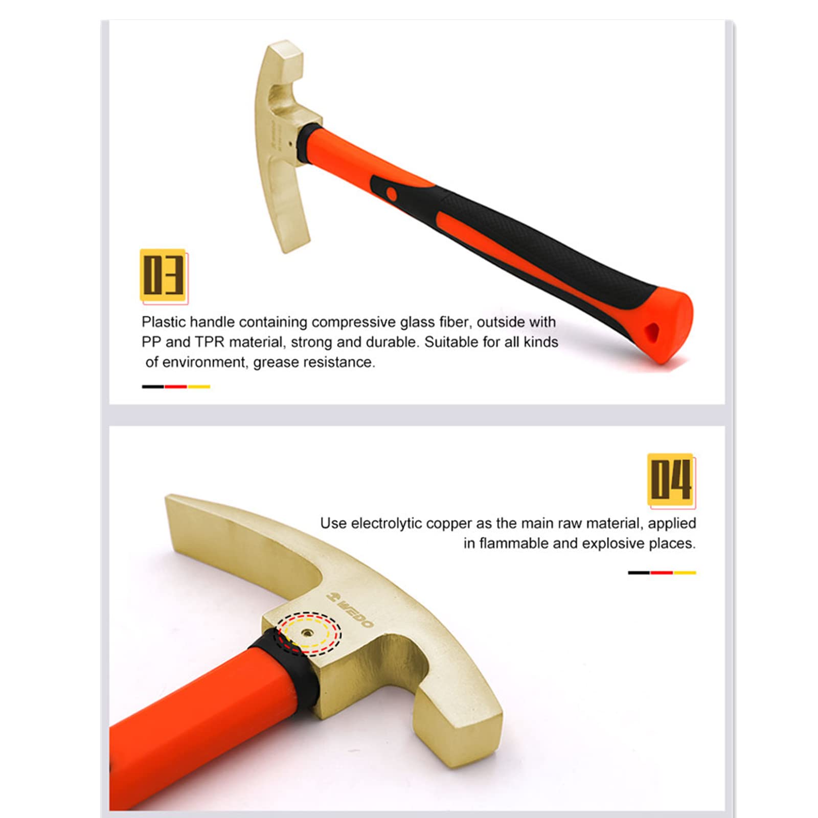 WEDO Młotek do wytrychów, geolog nieparujący, młotek murarski, brąz aluminiowy, główka 800 g, długość 340 mm, kute narzędzie murarskie, uchwyt z włókna szklanego, certyfikat BAM