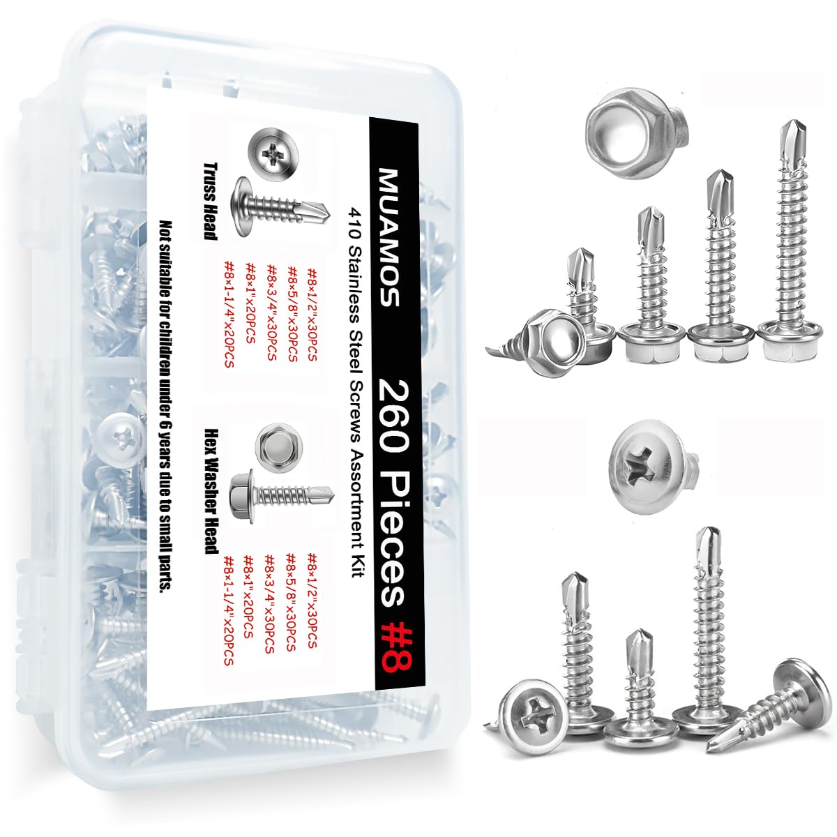 Self Drilling Screws #8 260PCS, 410 Stainless Steel Sheet Metal Screws Assortment Kit Hex Washer Head & Truss Head Self Tapping Screws for Metal Wood