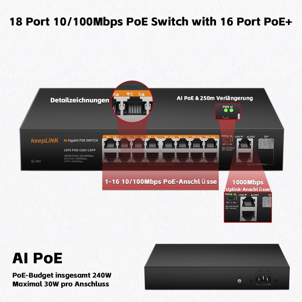 18 Port PoE Switch mit 16 100Mbps PoE+ Ports 240W, 2 Gigabit Uplink Ports, 1 1000Mbps SFP Slot, IEEE-802.3af/at, Robustes Metallgehäuse lüfterlos Plug-and-Play