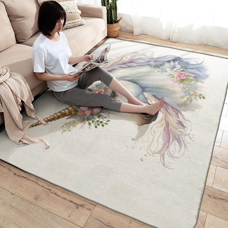 Miniatura 4 de Alfombras de unicornio para entrada, dormitorio, sala de estar, alfombra de flores de animales de 2 x 3 pies, lavable, antideslizante, suave,