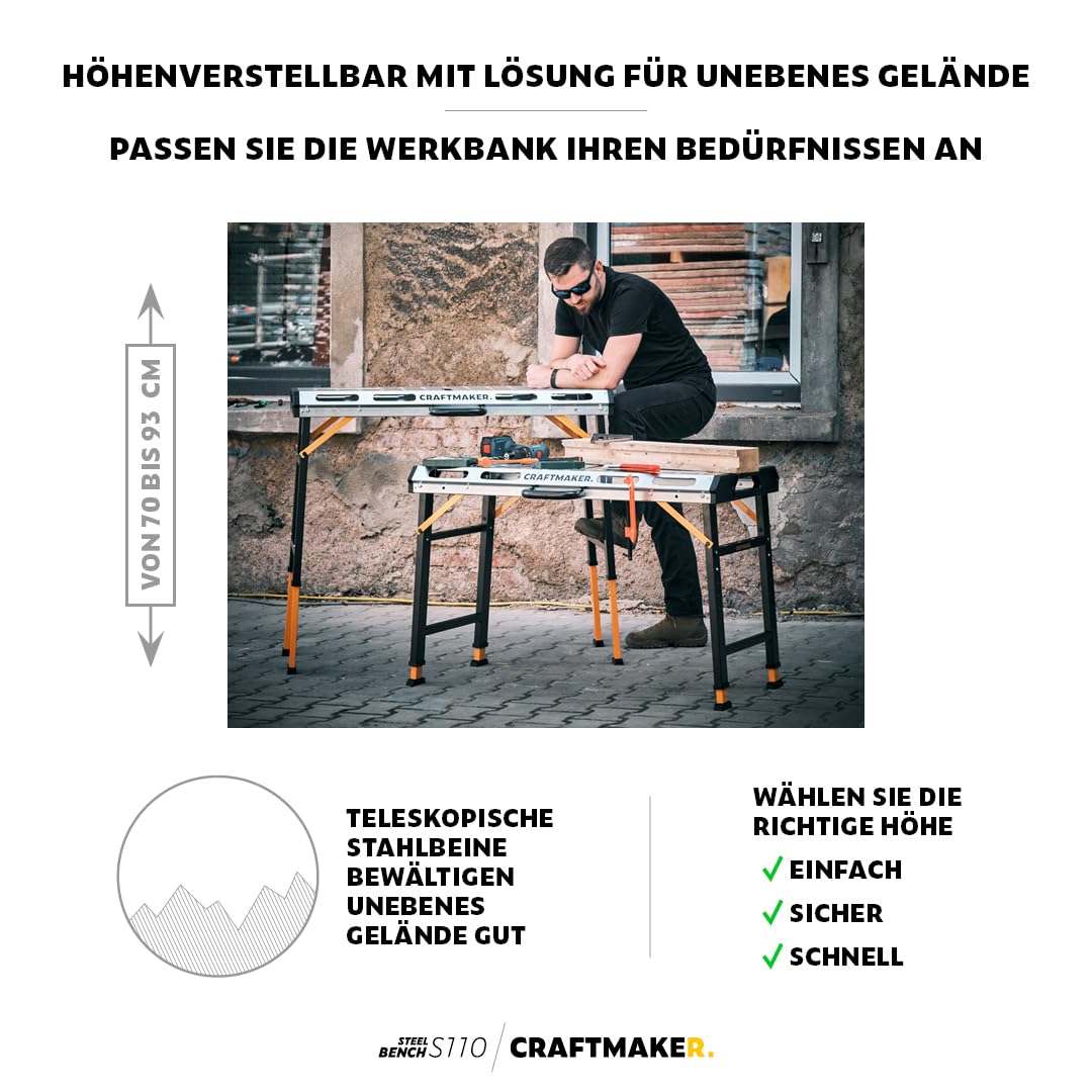 CRAFTMAKER SteelBench S110 Werkbank, Klappbare Multifunktionstisch mit Hoher Tragfähigkeit von 450kg, Höhenverstellbare Werkbank, Stahlkonstruktion