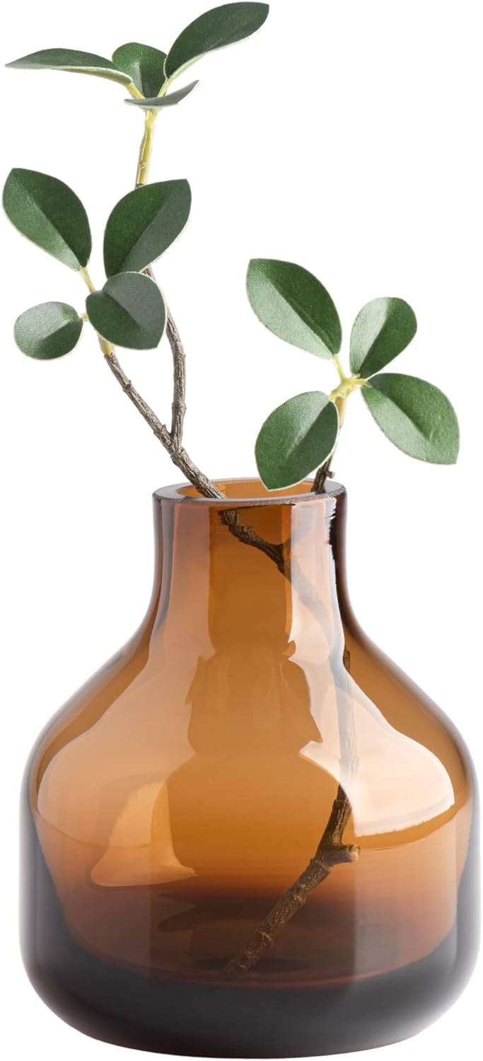 Torre & Tagus Solid Color Round Art Glass Vase for Flowers - 5" Tall Unique Flower Vase, Clear Handmade Bottle Vase for Home Decor, Bud Vase as Decorative Shelf Decor or Wedding Gift, Amber Orange