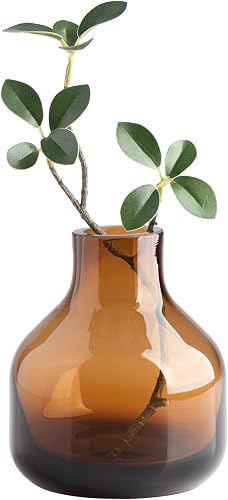 Torre & Tagus Solid Color Round Art Glass Vase for Flowers - 5" Tall Unique Flower Vase, Clear Handmade Bottle Vase for Home Decor, Bud Vase as Decorative Shelf Decor or Wedding Gift, Amber Orange