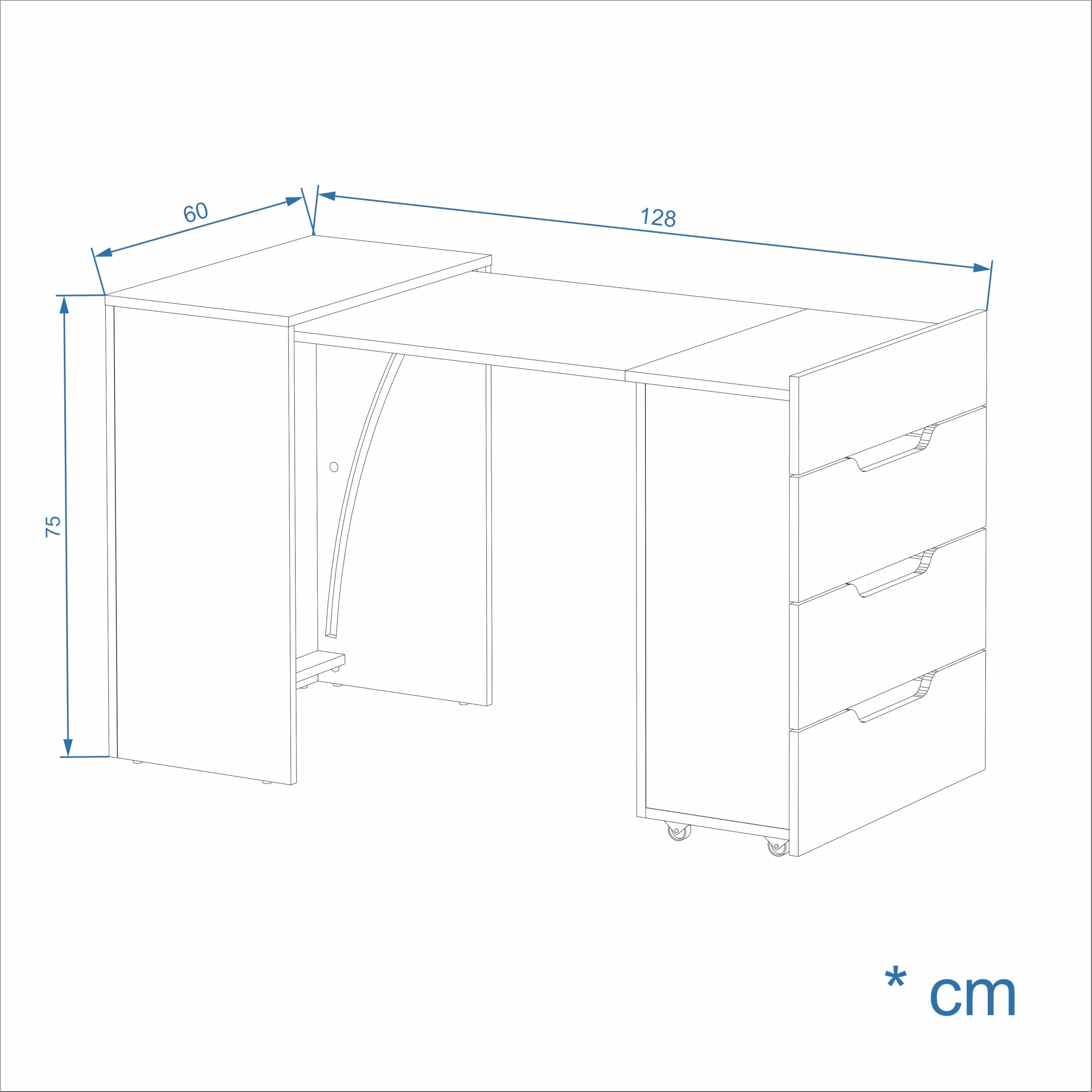 Komto Bureau Pliable Blanc avec 3 Tiroirs – Table Informatique PC, Meuble de Travail Gain de Place pour Petit Espace | FOLDY 128 x 60 x 75 cm