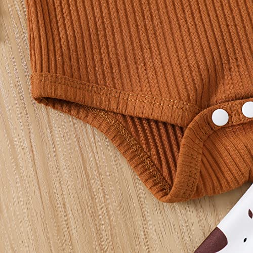 Fhutpw Newborn Baby Girl Clothes Infant Rib Frill Long Sleeve Romper Flared Pants Headband Set 3Pcs Fall Winter Outfits (A- Brown, 6-9 Months) #TOP4