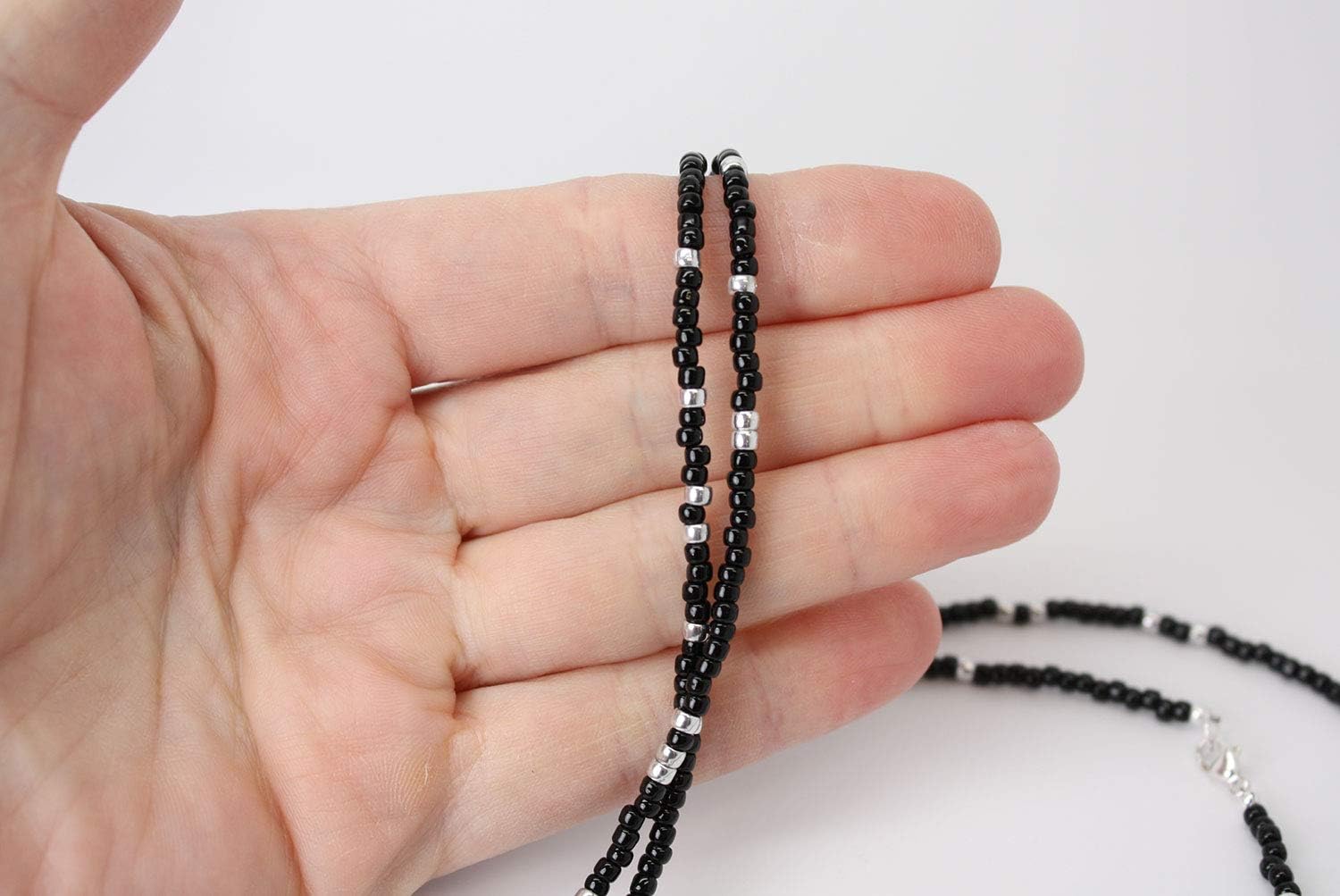 Black and Silver Seed Bead Necklace, Thin 2mm Single Strand Black & Silver Beaded Necklace