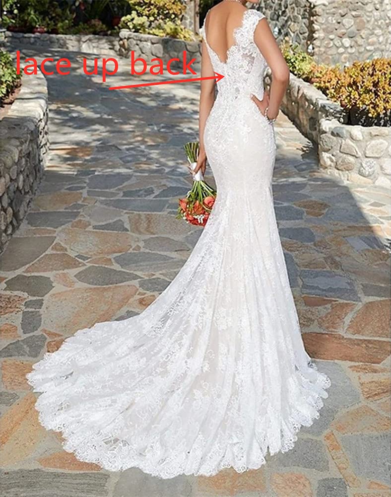 Femmes Sirène Robe de Mariée Dentelle Robe de Mariée sans Manches Robe Blanche