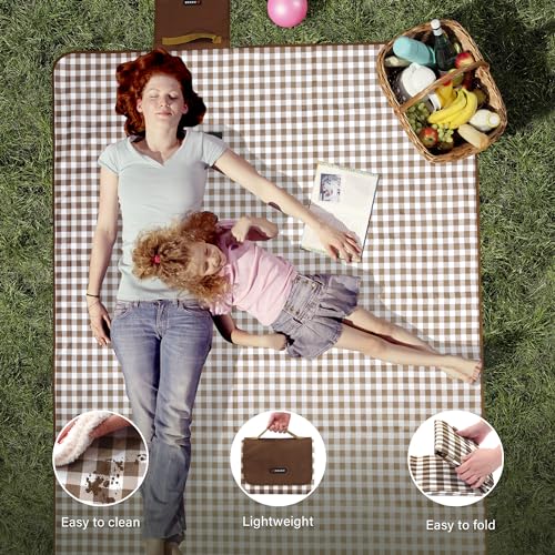 Picnic Blanket Outdoor Extra Large Picnic Mat 80\"X60\" Camping Blanket Beach Blanket Foldable Waterproof Sand Mat Hiking Travel Family Concerts(Brown) - Thumbnail 2
