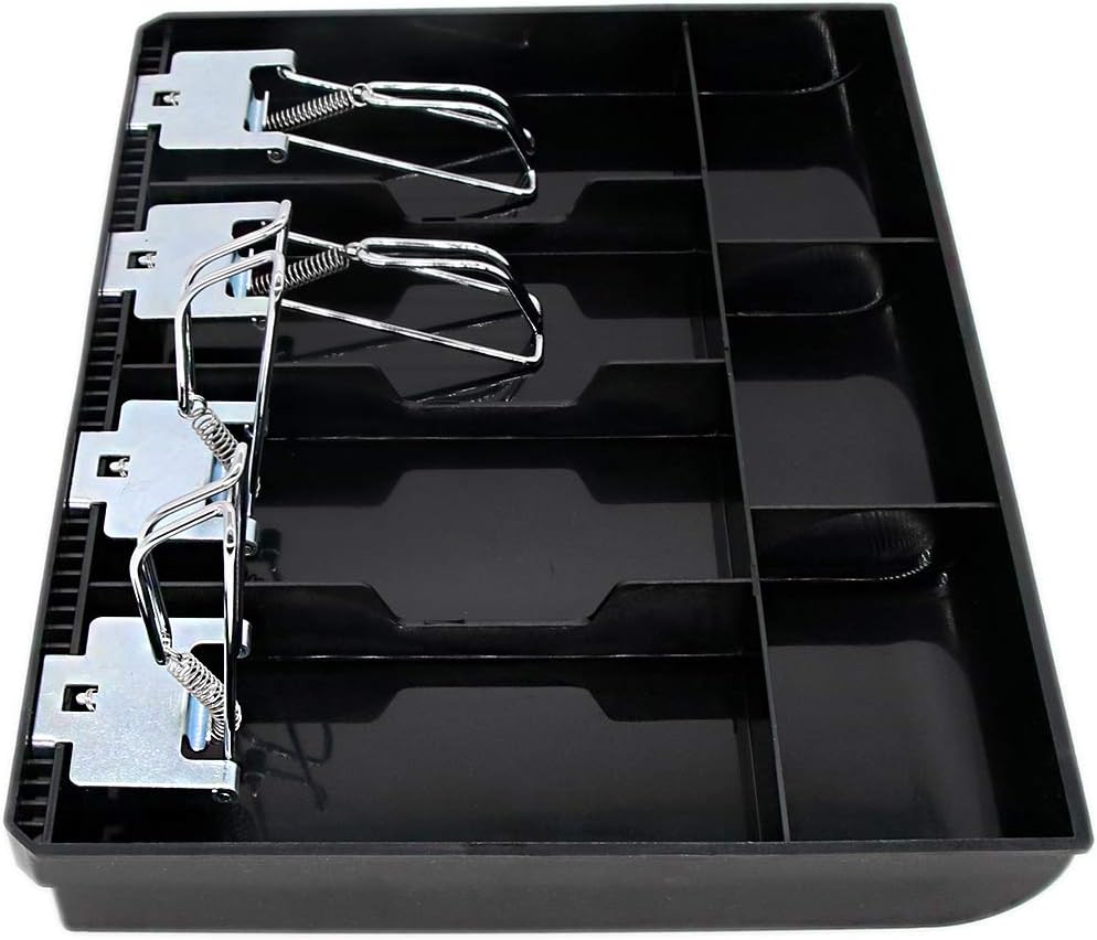 Cash Register Drawer Insert Tray 4 Bill/3 Coin Compartments with Metal Clip for Money Storage, Black : Office Products
