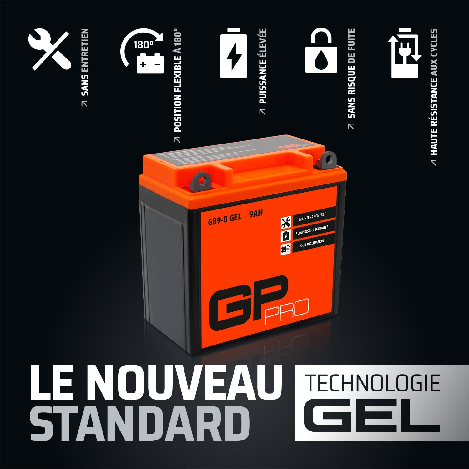 GP-PRO Akumulator rozruchowy GB9-B 12V 9Ah GEL (kompatybilny z YB9-B / 50914) (bezobsługowy/uszczelniony) akumulator motocyklowy