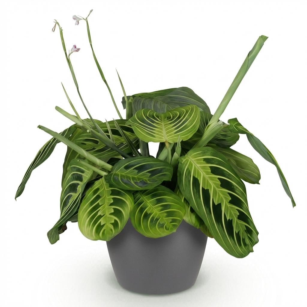 Maranta Fascinator Lemon Lime - Roślina modlitewna - Przyjazna dla zwierząt - Zielona - z Potter Grey - 25cm - Ø12cm - Roślina doniczkowa - Kompletny zestaw - Roślina z doniczką