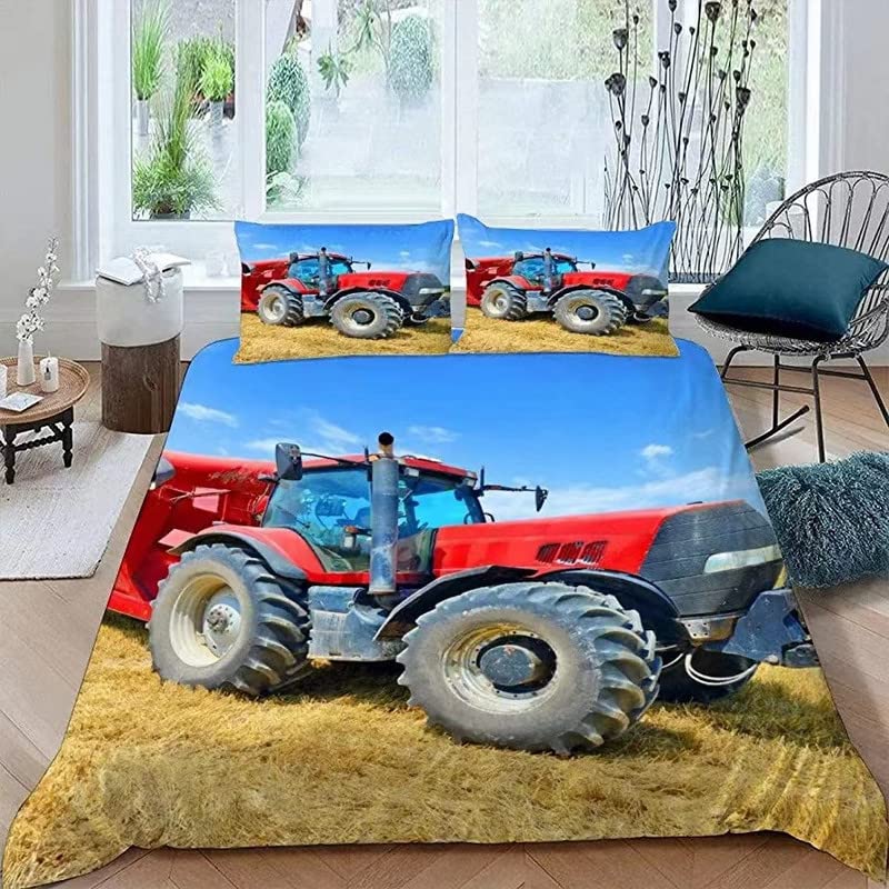 Housse de Couette Tracteur 140x200 cm avec 2 Taies d'Oreiller pour Lit Enfant en Microfibre