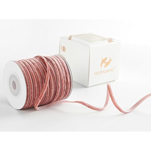 HUIHUANG Rose Gold Velvet Ribbon 1/8 inch x 50 Yards Thin Velvet Ribbon Single Face Vintage Rose Velvet Ribbon for Gift Wrapping, Christmas Ornaments, Wedding Invitations, DIY Crafts, Tags