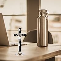 Vista 3 de Needzo Crucifijo de pie esmaltado negro de San Benito, cruz católica, regalos religiosos inspiradores para mujeres y hombres, decoración cristiana