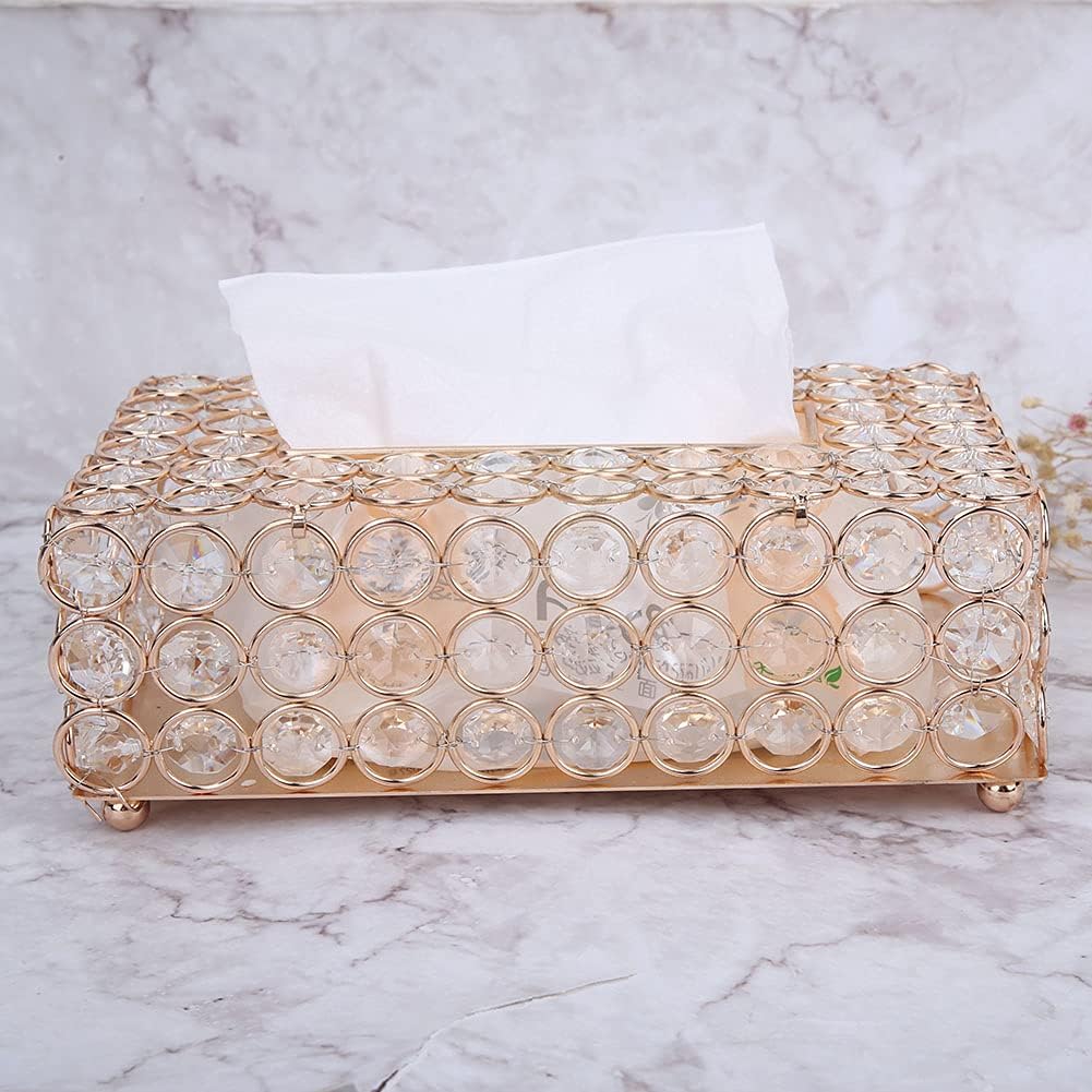 Rectangular Tissue Box Cover, Crystal Decorative Tissue Box Napkin Holder Toliet Paper Box Crystal Paper Container for Dining Room, Living Room, Bedroom, Bathroom, Office(Gold)