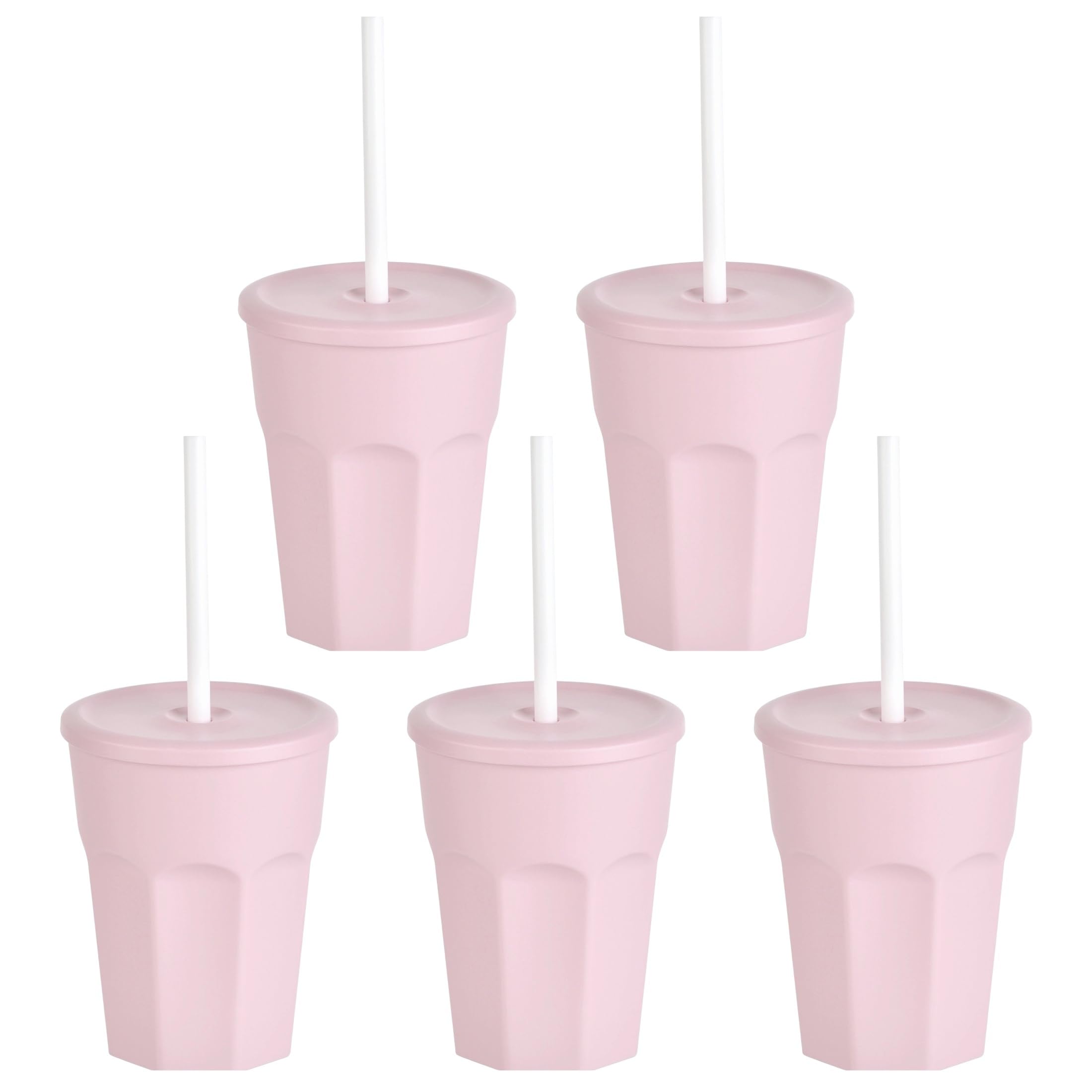 5 bicchieri di plastica con coperchio, rosa, con cannuccia, per feste, in plastica, riutilizzabili, 0,25 litri