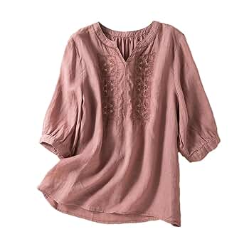 Wvapzxx Women's Cotton Linen Half Sleeve Embroidery V-Neck