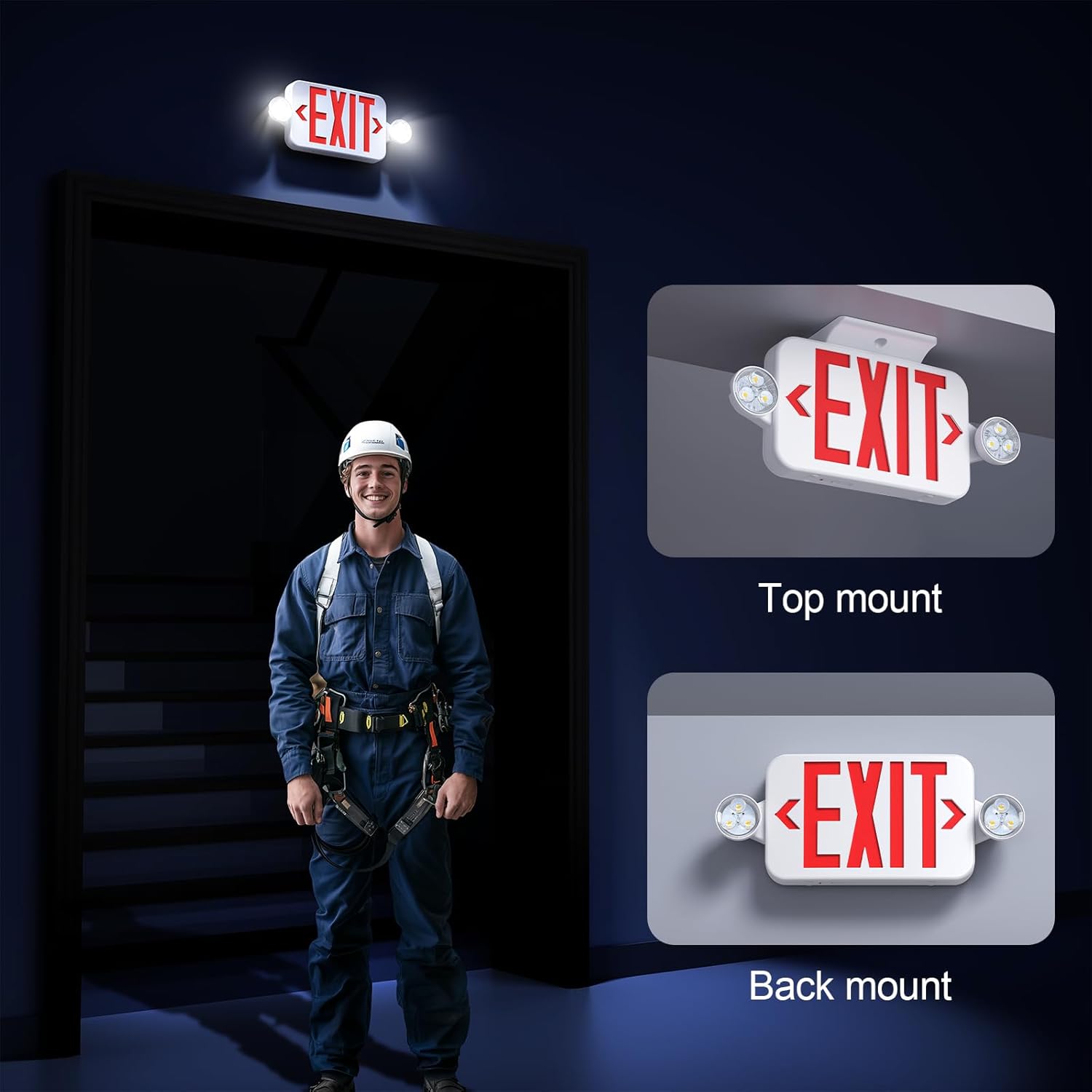 Led Exit Sign Emergency Light Combo Adjustable Two Head,Double Sided and Battery Backup Exit Light,Red Letter Hardwired Emergency Exit Sign,AC 120/277V,UL Listed,Ceiling&Wall Mount (6 Pack)