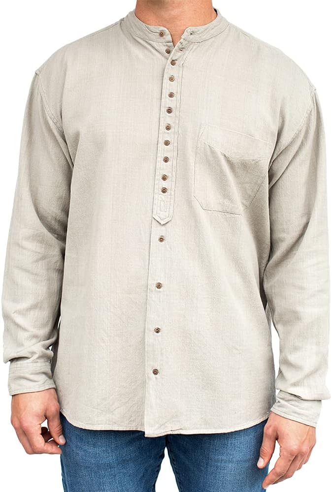 Irish Grandfather Collarless Shirt, Cotton and Linen Long-Sleeve Traditional Irish Shirt (Stone, Small)