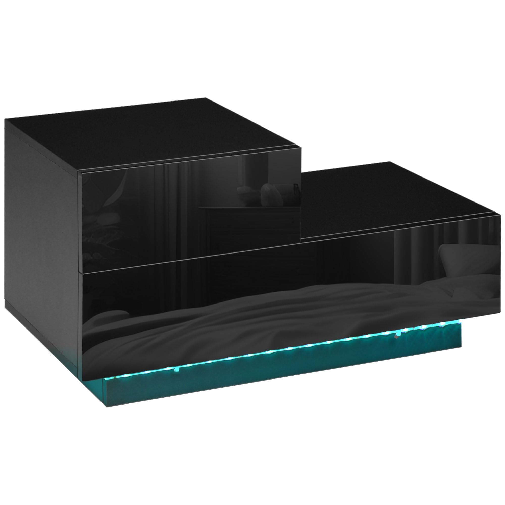 HOMCOM Bedside Table Nightstand - High Gloss Front - LED Light Remote - Black - Particle Board - 70W x 37D x 38Hcm