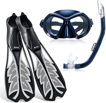 Diving Goggles Mask Fins Snorkel Set Freediving Fin Set Adjustable Mask Snorkeling Fins Semi-Dry Snorkel Diving Three-Piece Set 180 Degree Panoramic Anti-Fog Leak-Proof for Snorkeling Swimming Sc