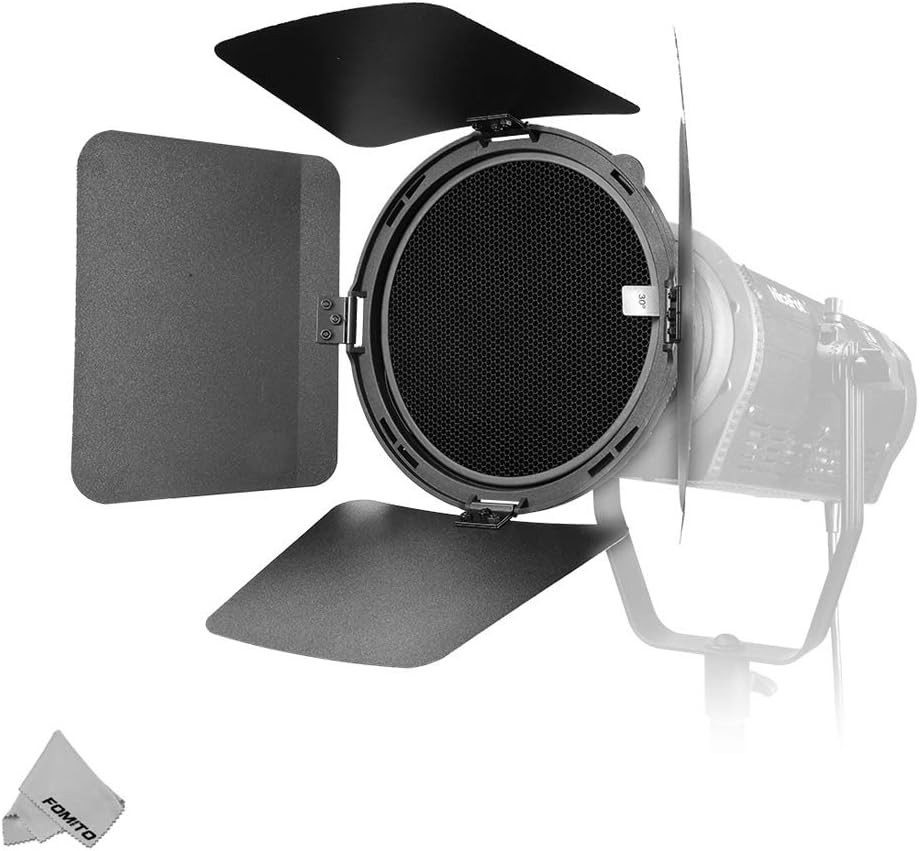 NiceFoto Fresnel Lens Fresnel Mount with Honeycomb Grids Barn Doors for Bowens Mount LED Video Light for Aputure Light Storm 300D II 120D II Mark 2 COB 120T 120D 120D ii LS C120 Series, HA-3300B