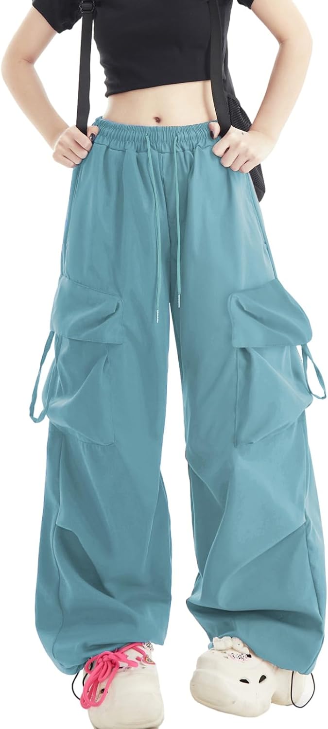 Skateboard Frog Women Y2K Baggy Streetwear Hip Hop Parachute Pants Lightweight Wide Leg Drawstring Cargo Pants Dance