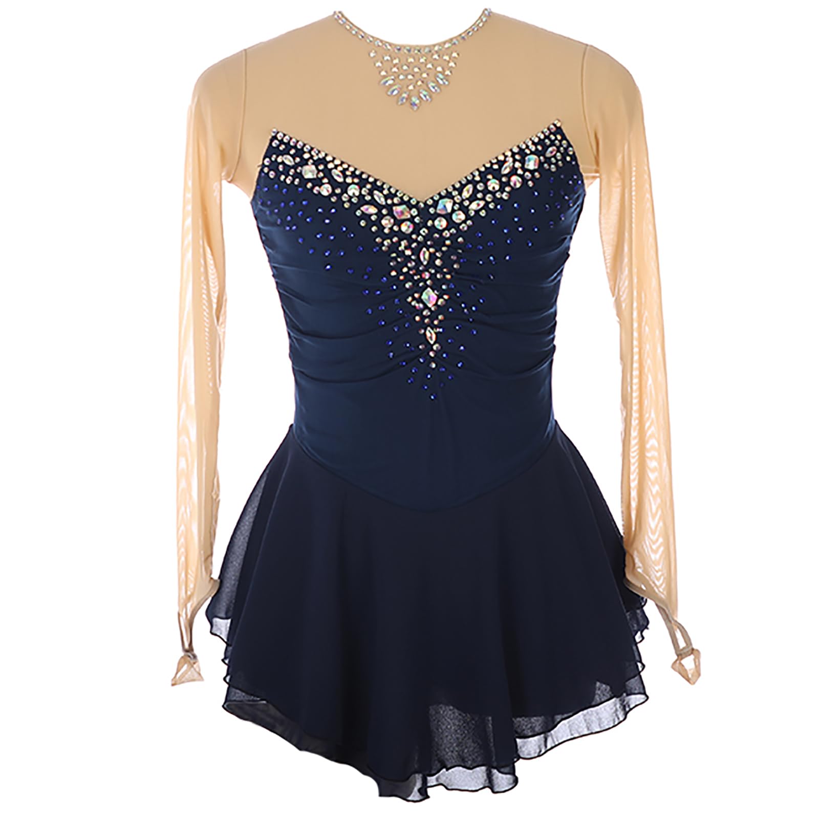 Youthful flying Ice Skating Dress Costume Girls Womens Figure Skating Competition Dress Gymnastics Ballet Dance Costume(Size:XL/160,Color:Navy Blue)