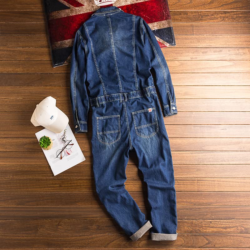 Herren Hip Hop Jeansoverall, Frühling Herbst, Langarm-Polo-Mantel, blaue Jeans, locker sitzende Hosen